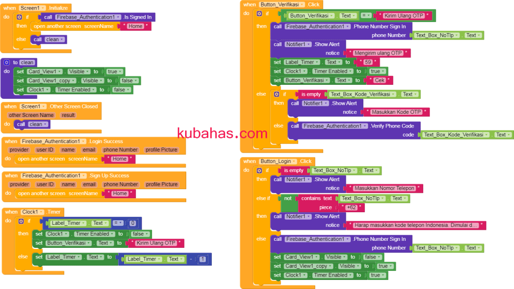 kode blok program login dengan nomor telepon dan OTP verifikasi menggunakan firbase authentication kodular